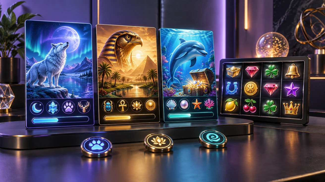 လူပုံမပါသော game catalog card သုံးခုနှင့် slot reel နှိုင်းယှဉ်မြင်ကွင်း