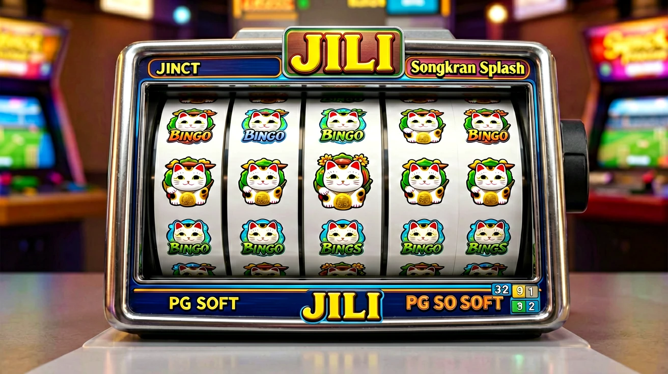 BINGO သင်္ကေတများ ပြသနေသည့် reel ငါးလုံးပါ slot စက်တစ်လုံးကို စားပွဲပေါ်တွင် ထားရှိထားပြီး နောက်ခံ ကက်စီနို ဝါးလျားနေသည်