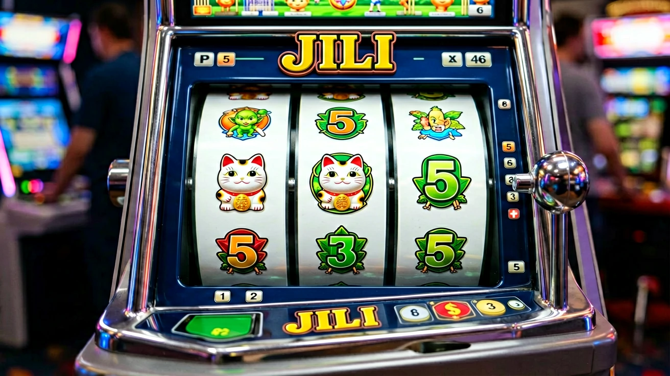 JILI ဆိုင်းဘုတ်အောက်ရှိ slot reel သုံးလုံးတွင် ကြောင်နှင့် နံပါတ်သင်္ကေတများ၊ ညာဘက်တွင် ဆွဲချက် handle ပါသည့် အနီးကပ်မြင်ကွင်း