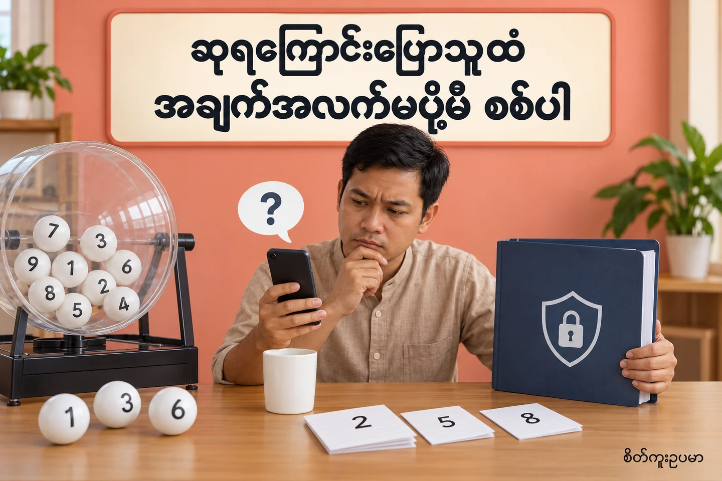ထီဆုရကြောင်း မသိသူဆက်သွယ်လျှင် အချက်အလက်မပို့မီ ဘယ်လိုစစ်မလဲ — စိတ်ကူးထီဆိုင်ရာ သရုပ်ဖော်ပုံ။