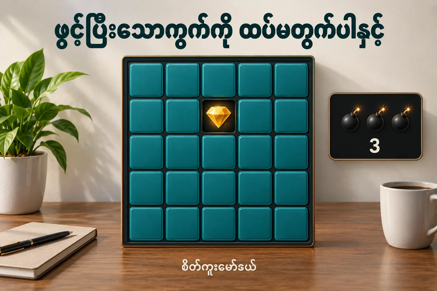 Mines ပုံစံ စိတ်ကူးဇယားတွင် ဖုံးထားသောကွက်နှင့် ဖွင့်ပြီး safe ကွက်