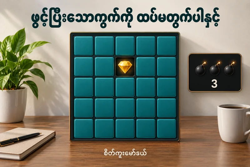 Mines ပုံစံ စိတ်ကူးဇယားတွင် ဖုံးထားသောကွက်နှင့် ဖွင့်ပြီး safe ကွက်